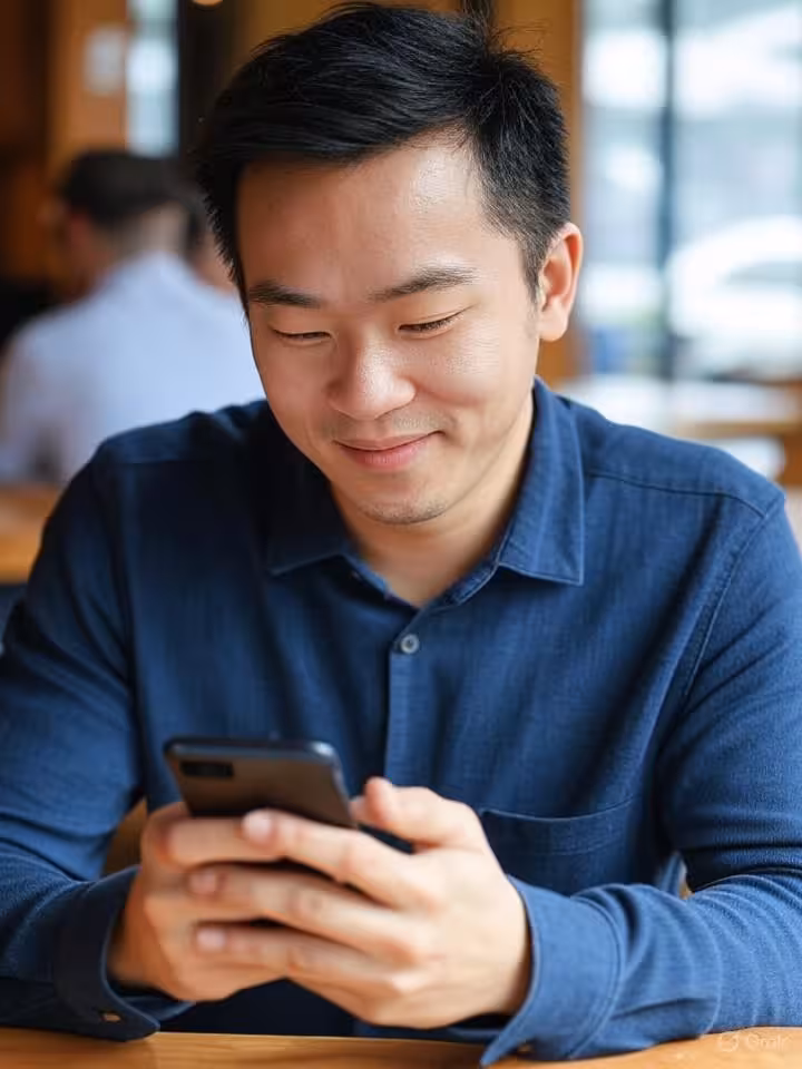 Professional confident person in their 30s looking at smartphone with gentle smile in modern coffee