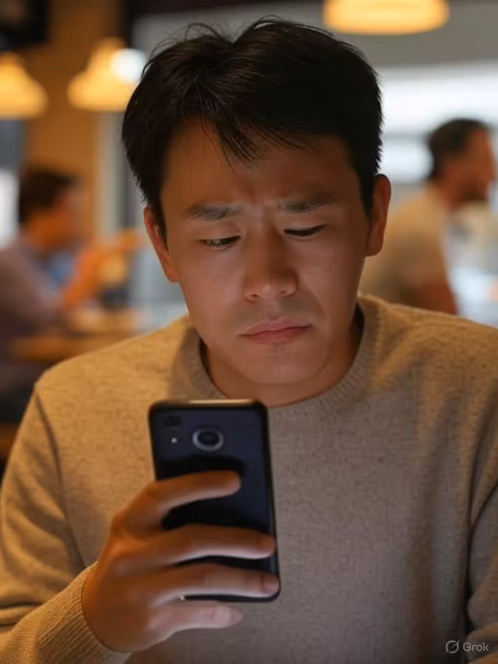 Person looking disappointed at smartphone with dating app notification, sitting alone in modern coff