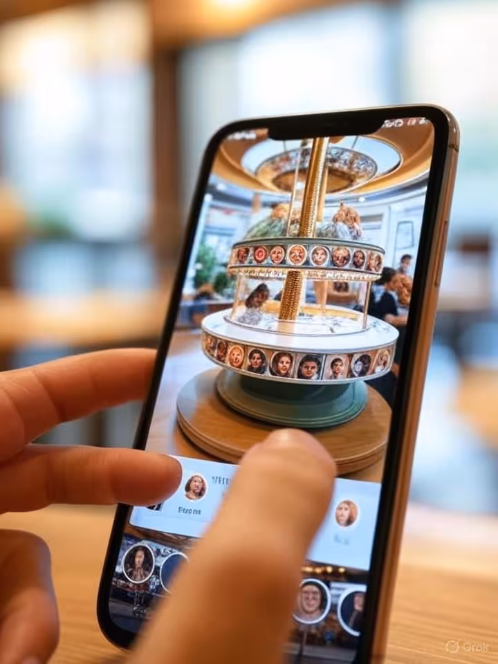 Close-up smartphone screen showing dating app profile carousel with vibrant photos, finger swiping g