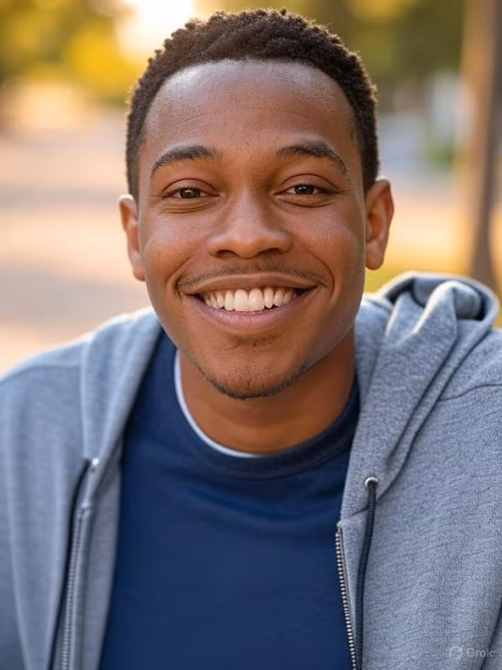 Professional portrait photo of a smiling person outdoors in natural daylight, warm golden hour light