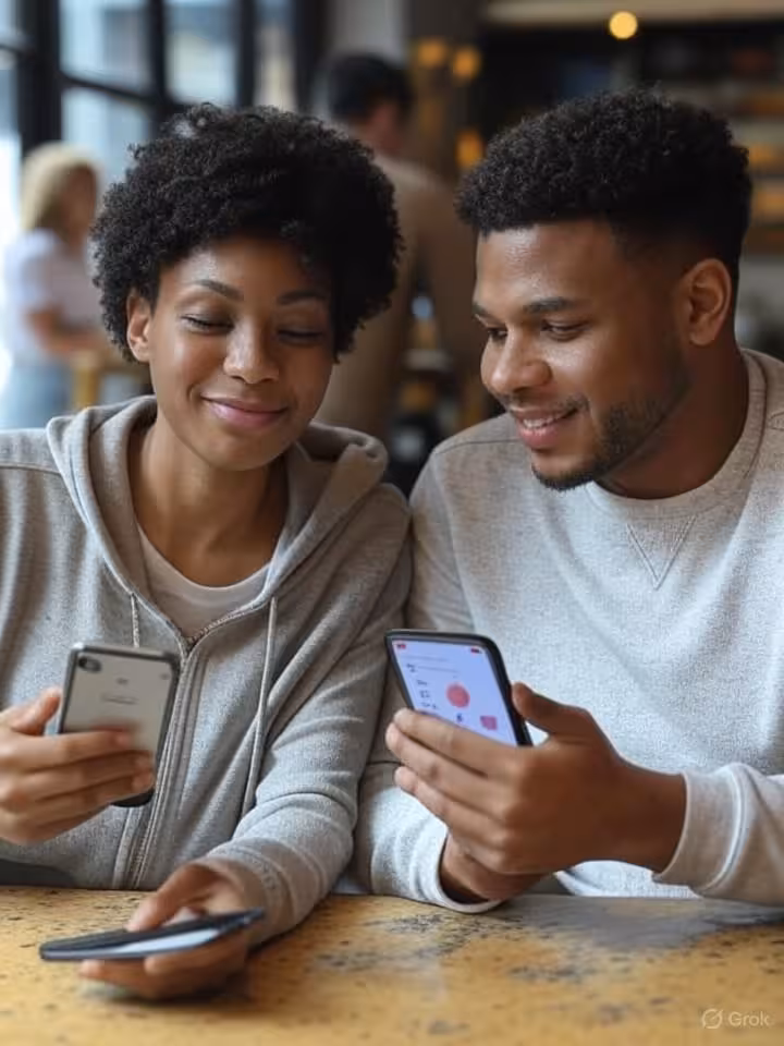 Young diverse couple looking at smartphones with dating app interface, modern coffee shop setting, n