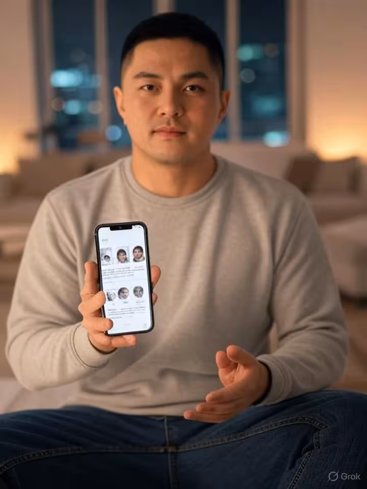 Person looking at smartphone with dating app interface displaying profile cards, soft warm lighting,