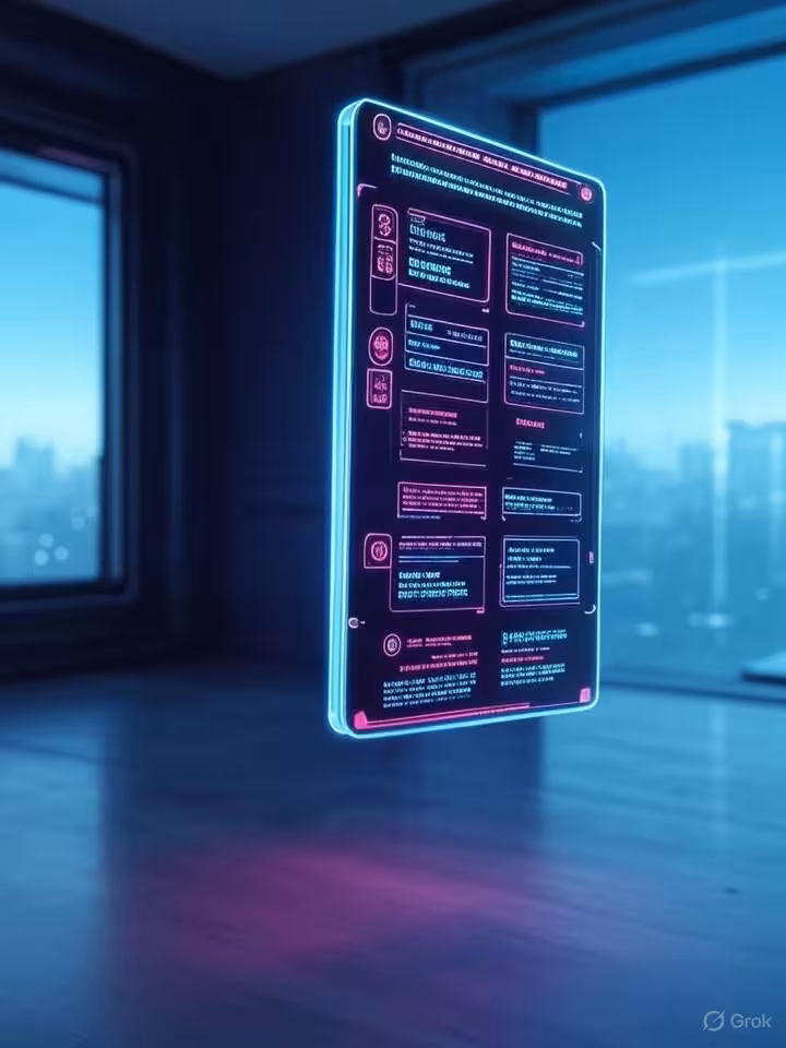 Futuristic holographic dating app interface floating in mid-air, showing AI-powered compatibility sc