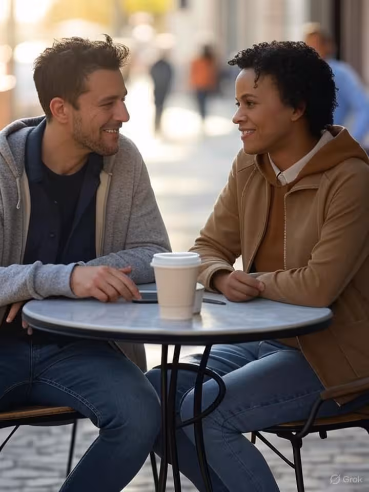 Two people sitting at outdoor cafe terrace, second date atmosphere, natural comfortable body languag