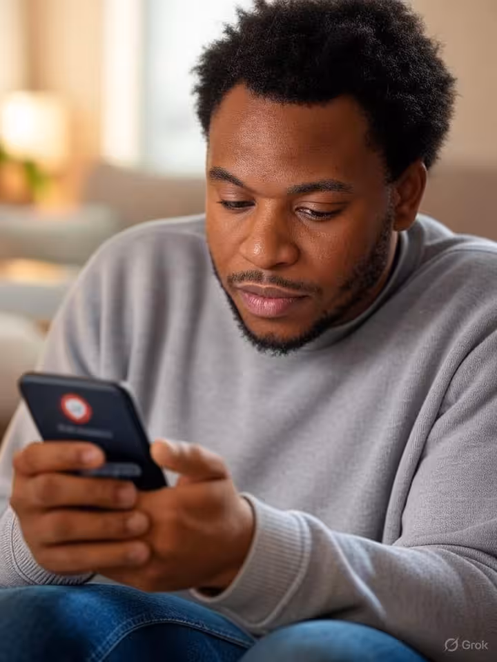Thoughtful person looking at smartphone with dating app interface, warm natural lighting, contemplat