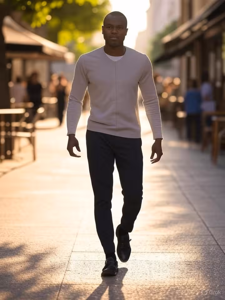 Full body photo of person walking casually down city street, natural candid moment, well-dressed in 