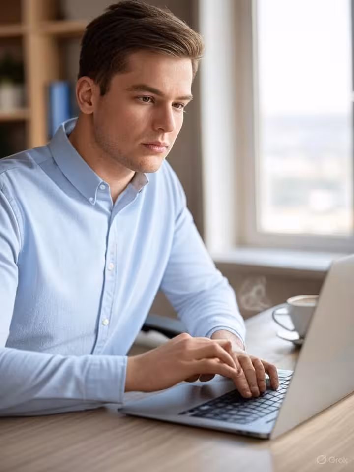Young man reviewing dating app profile photos on laptop, organized workspace, coffee cup nearby, tho