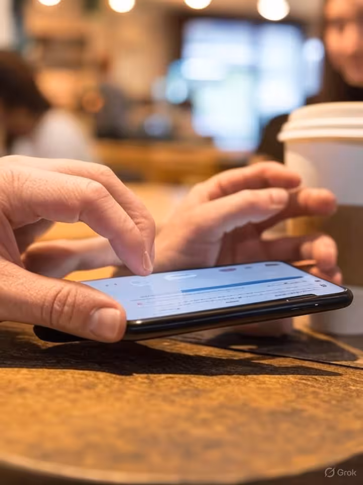 Close-up of hands typing on smartphone with dating app conversation visible on screen, coffee cup be
