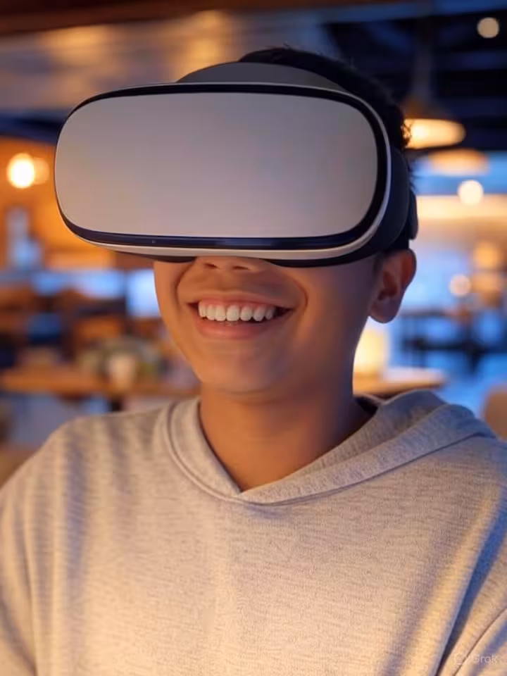Young person wearing VR headset smiling during virtual date in photorealistic digital environment, r