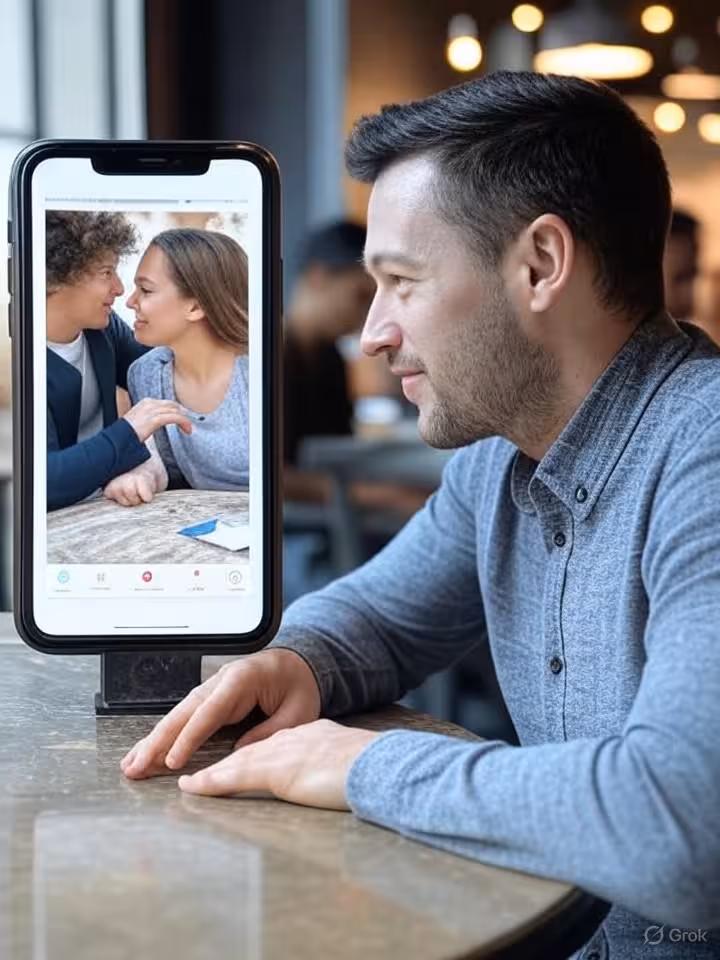 Split composition showing dating app interface on smartphone screen versus real-life second date mee