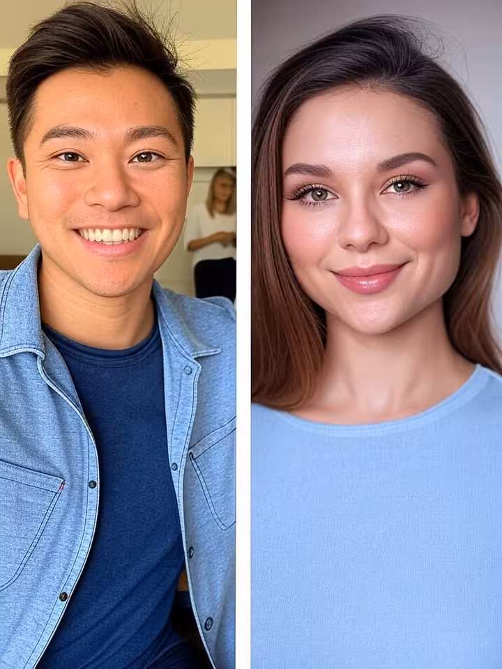 Split screen comparison showing authentic casual selfie versus professionally edited model photos, d
