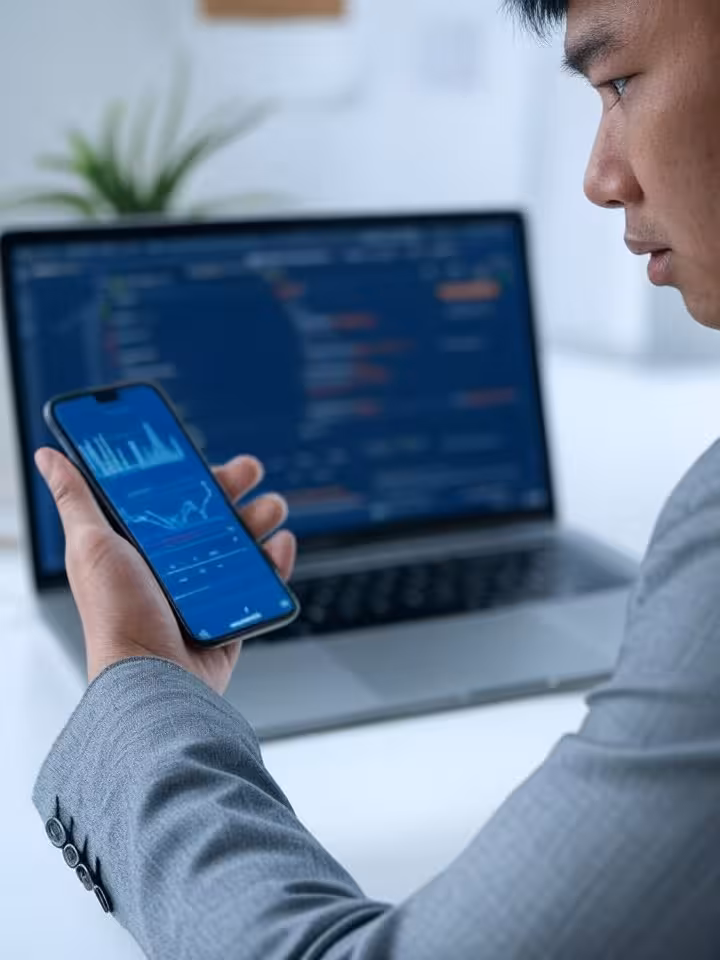 person holding phone looking at data visualization charts and statistics, JSON file displayed on lap