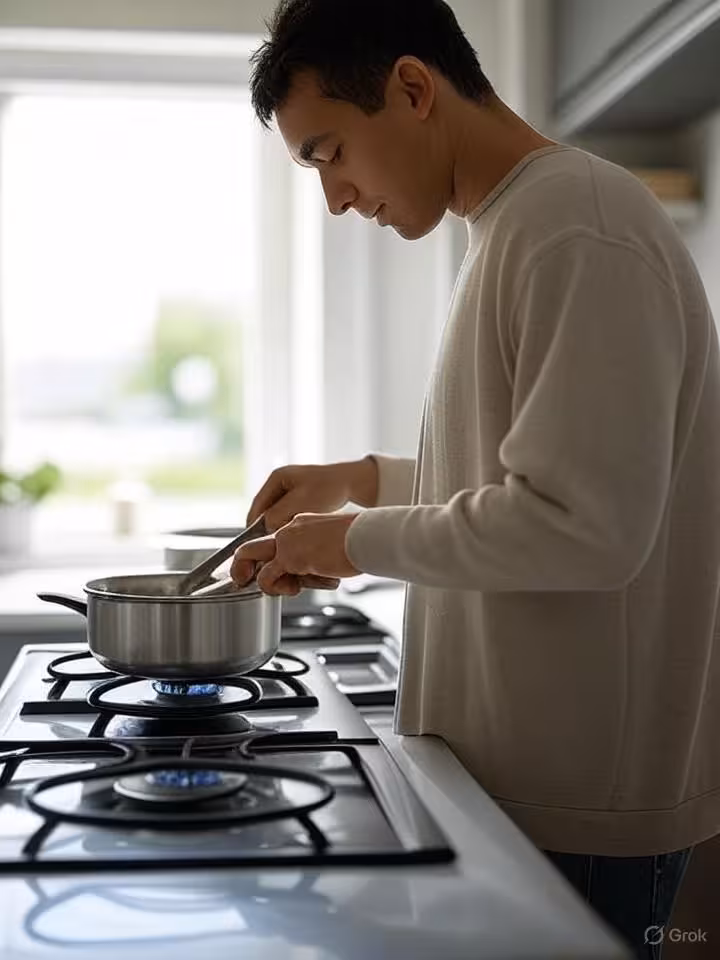 Action shot of person cooking in bright modern kitchen, captured mid-movement stirring pot, natural 