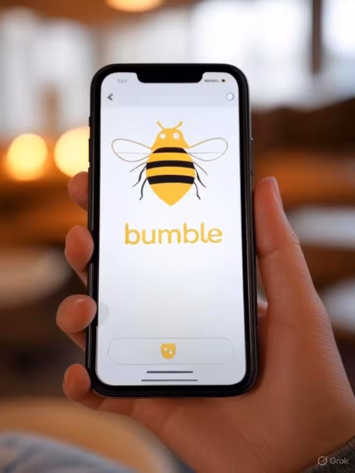 Smartphone screen showing Bumble dating app interface, bright yellow bee logo visible, female hand h