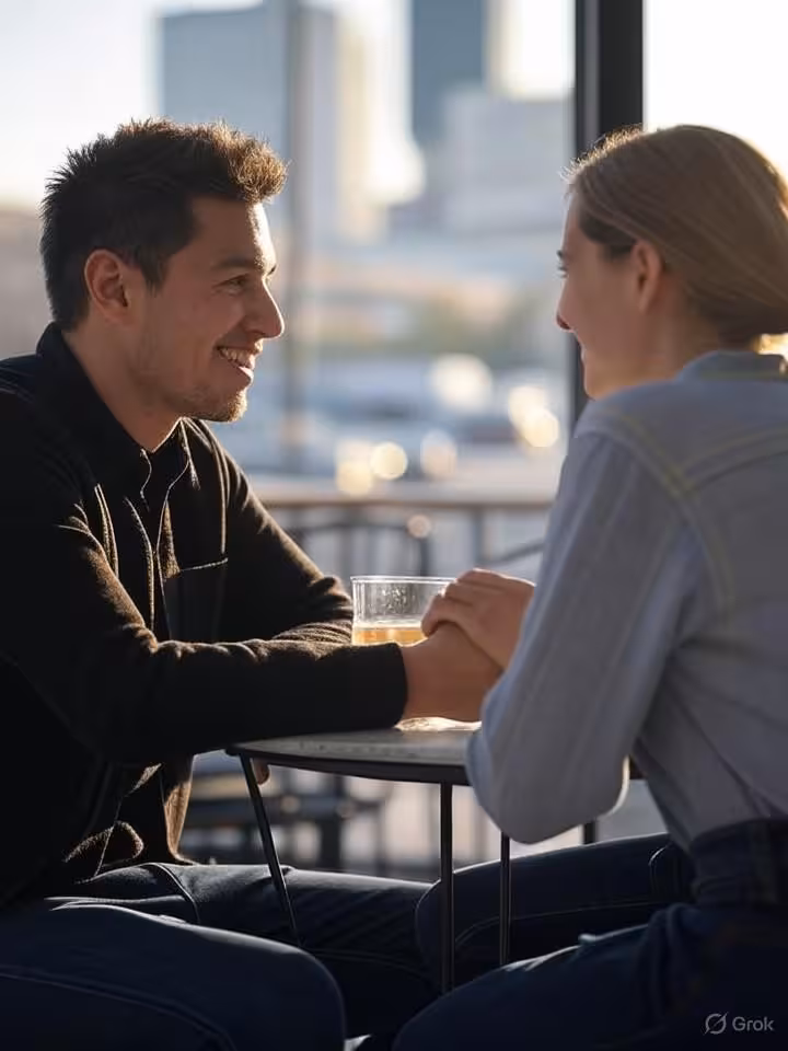 Two people having first date at outdoor cafe, engaged in conversation, genuine smiles, urban environ