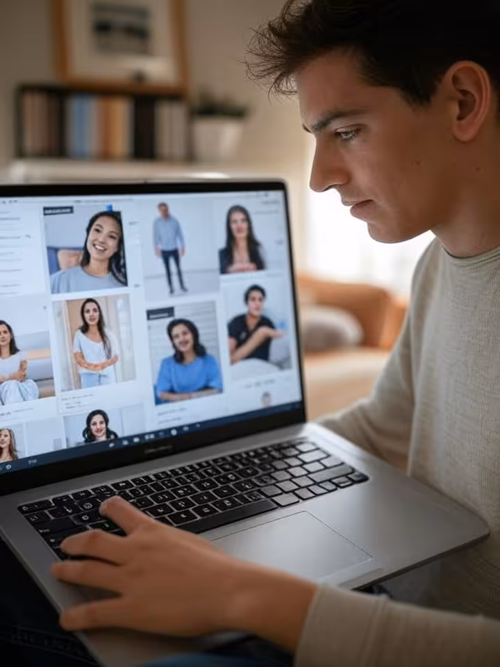 person carefully selecting photos for dating profile on laptop, multiple profile pictures displayed