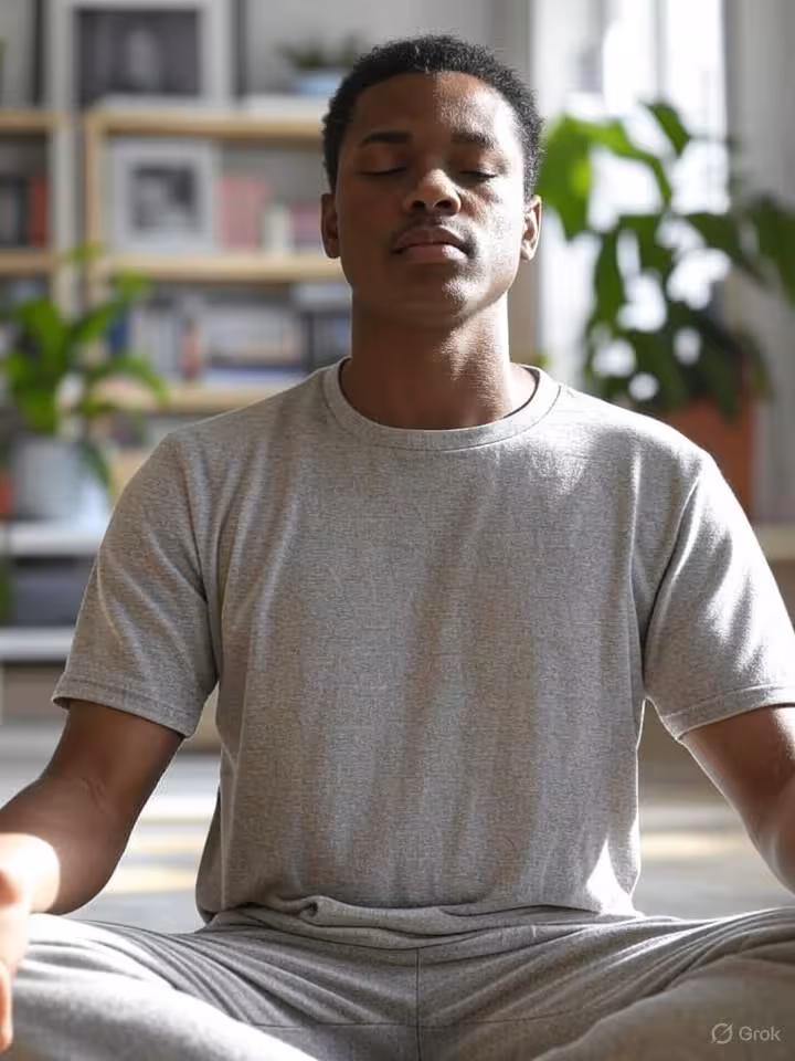 Person taking intentional break from phone, meditation or self-care moment, peaceful atmosphere, pla