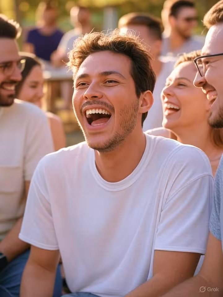 Candid photo of friends laughing together at casual outdoor gathering, social interaction, natural g