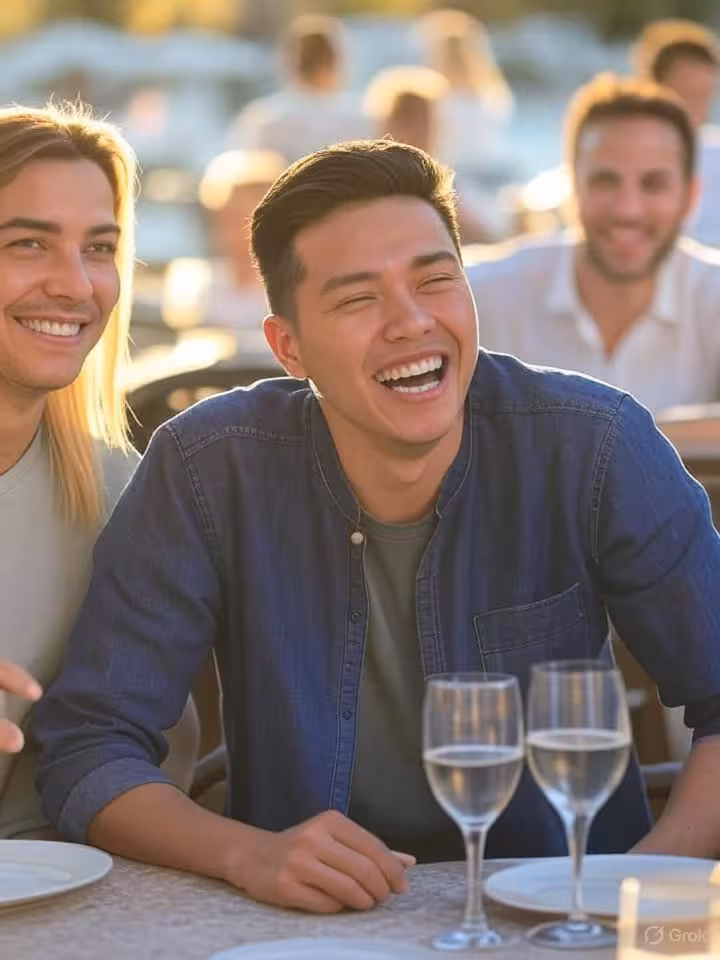 Group photo at outdoor social gathering, person clearly identifiable in center, laughing naturally w