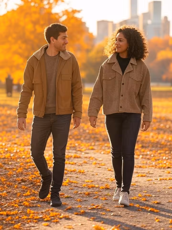 Young couple walking together through city park, second date scenario, comfortable distance between 