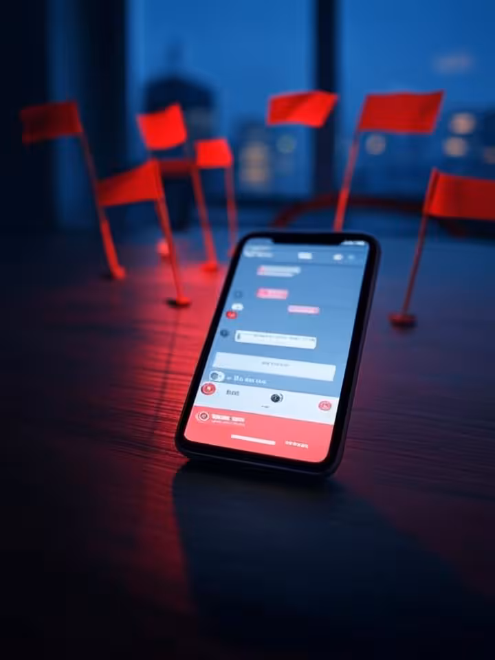 Red flags and warning signs floating around smartphone showing dating app chat interface, dramatic l