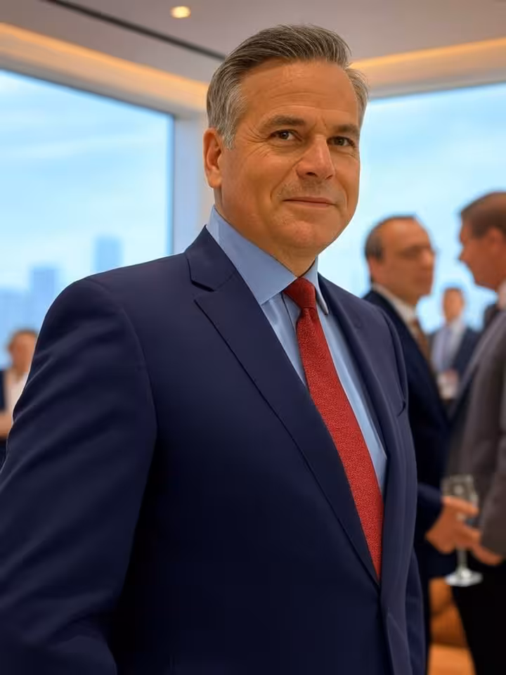 Professional businessman in corporate attire at business event, confident posture, mature man networ