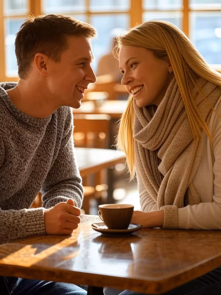 two people having chemistry on first coffee date, natural flirty body language, smiling and engaged 