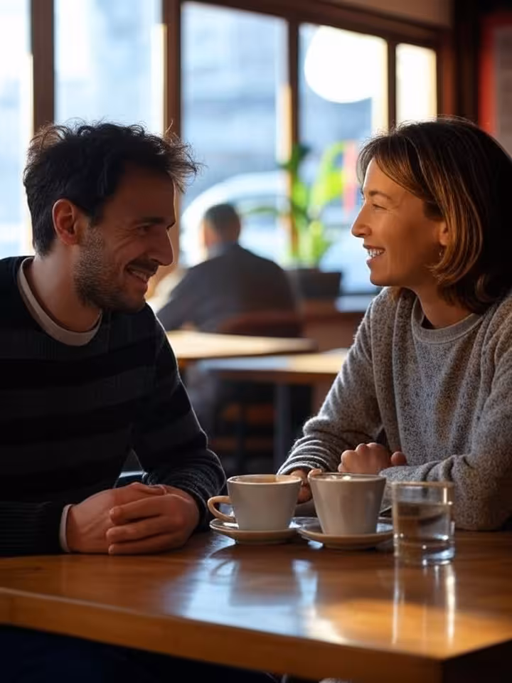 Two people having comfortable first date conversation in casual cafe setting, relaxed body language,