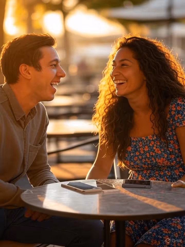 Two people having animated conversation at outdoor cafe, laughing genuinely, smartphones visible on 