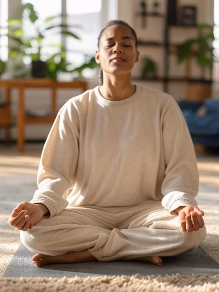 Person practicing self-care and mindfulness, peaceful meditation scene, comfortable home environment