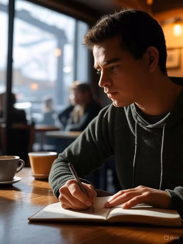 Person writing in journal for emotional processing, peaceful coffee shop setting, natural window lig