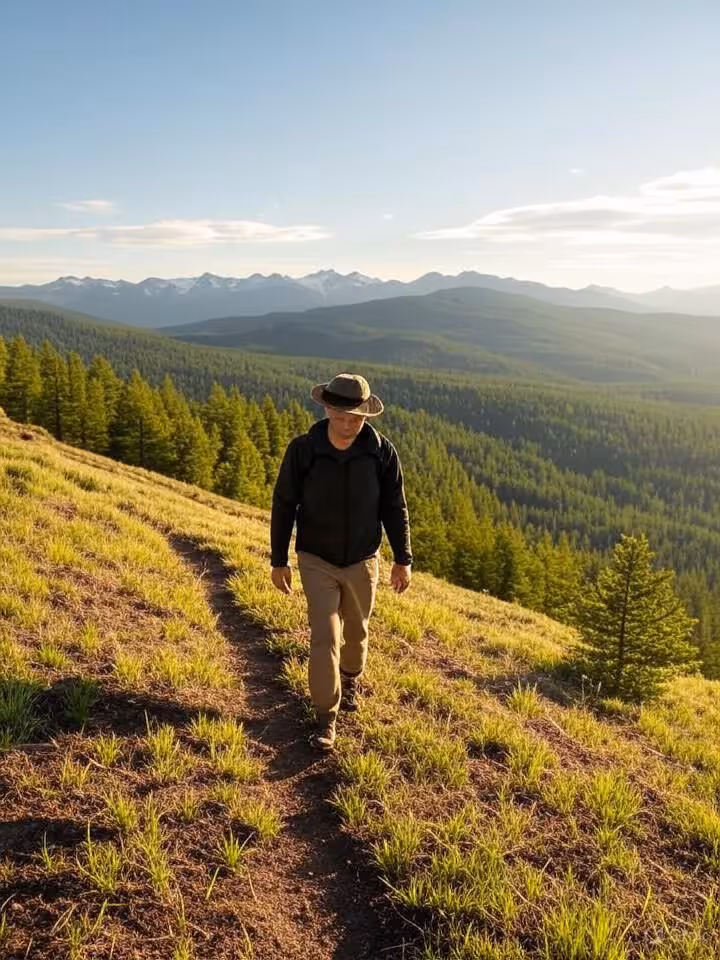 Person exploring scenic natural landscape, hiking trail with mountain vista background, adventure tr