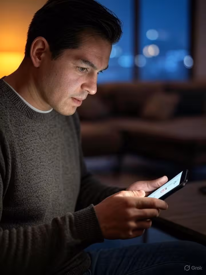 Man typing engaging message on dating app, close-up of hands on smartphone screen, comfortable home 