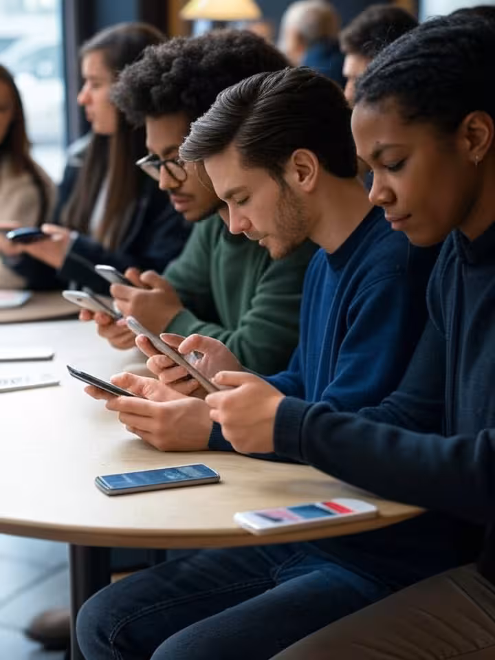 Diverse group of real people using dating apps safely in coffee shop, checking profiles carefully, c