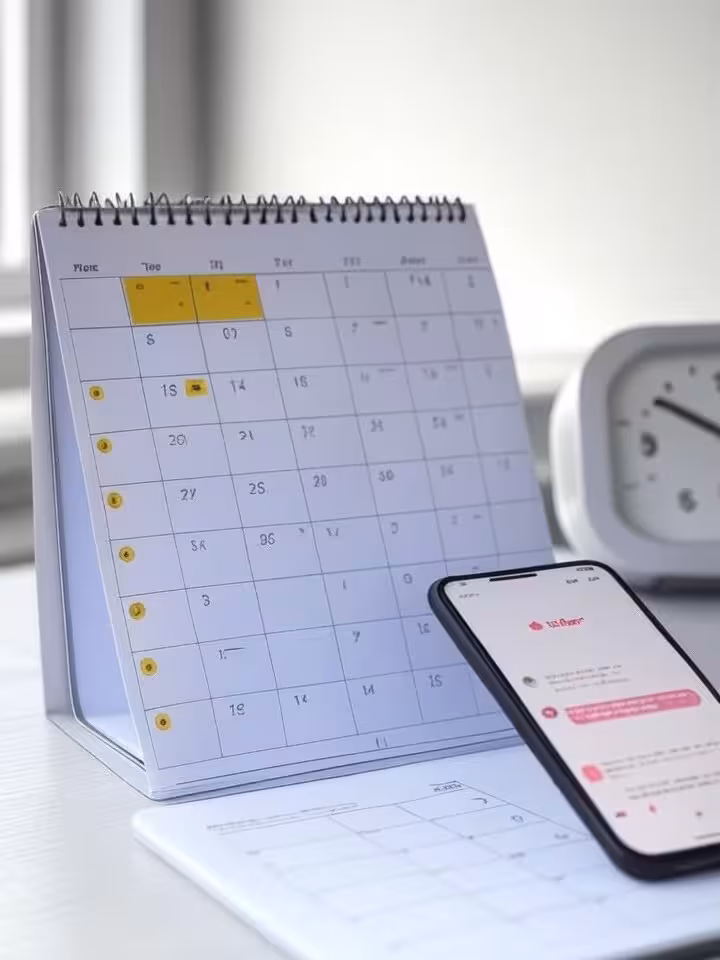 calendar with highlighted optimal swiping times, clock showing peak hours, smartphone with Tinder no