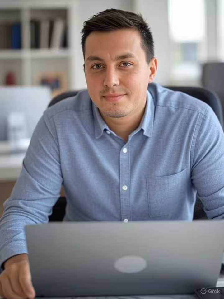 Professional in their 30s balancing work and personal life, laptop and phone visible, organized spac