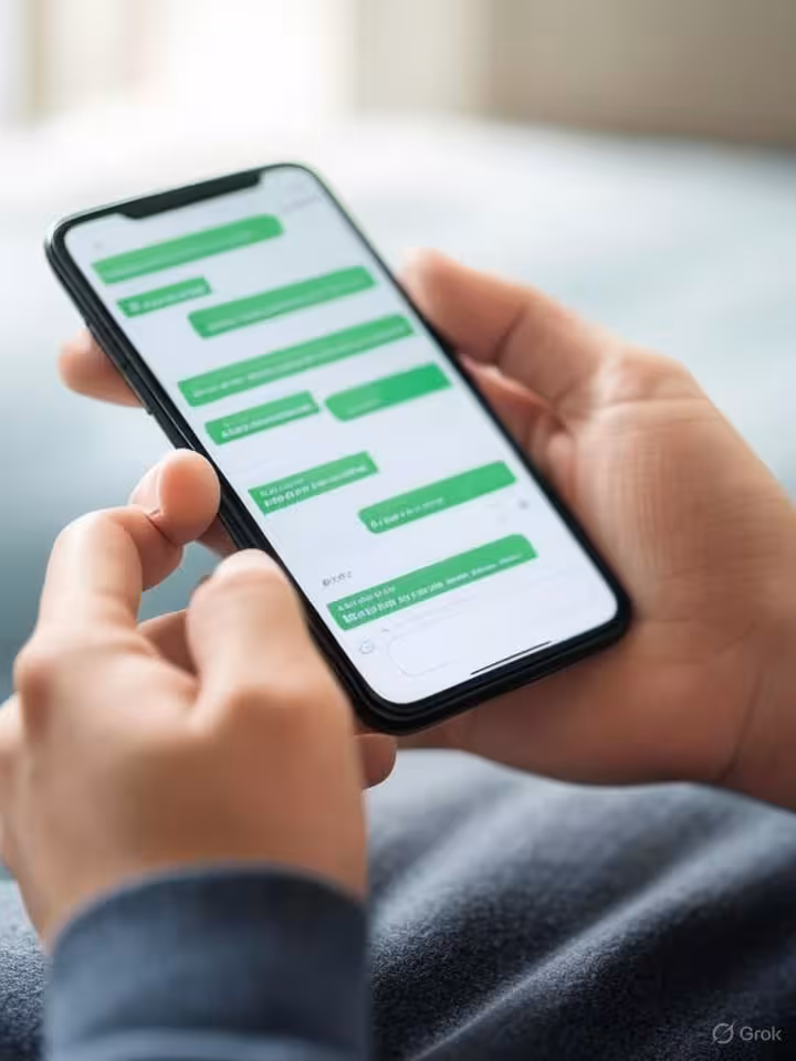 Hands holding smartphone showing successful ongoing chat conversation with multiple messages flowing