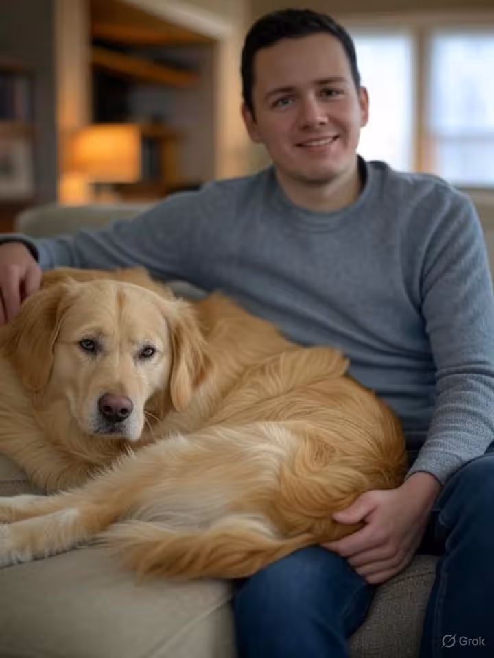 Unique personality photo showing person with their pet dog in cozy living room, natural interaction 