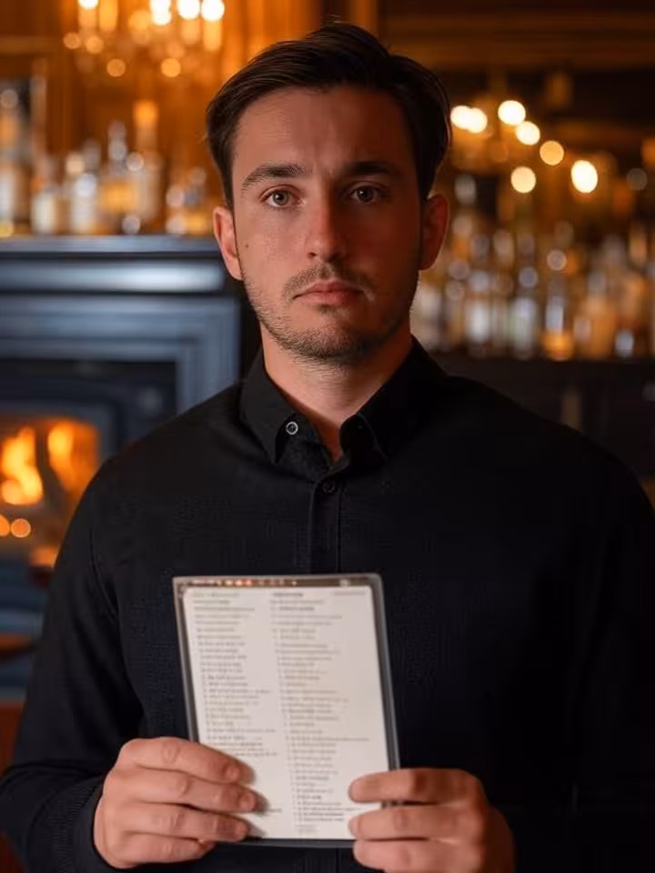Nervous person holding cocktail menu at dimly lit upscale bar, first date anxiety, candid photograph