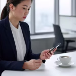 Professional businesswoman in elegant outfit reviewing dating app on smartphone during coffee break
