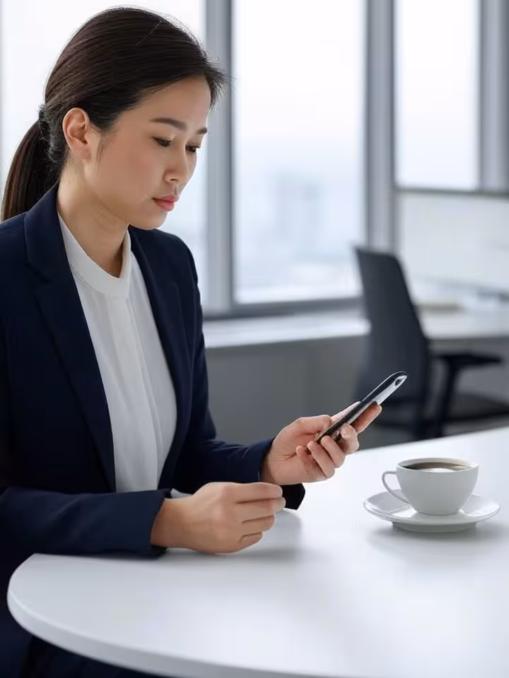 Professional businesswoman in elegant outfit reviewing dating app on smartphone during coffee break