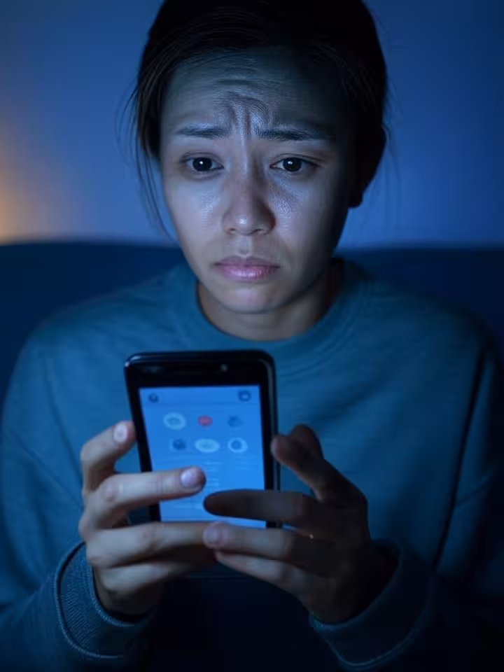 person looking at smartphone with anxious expression, swipe interface glowing on screen, self-doubt