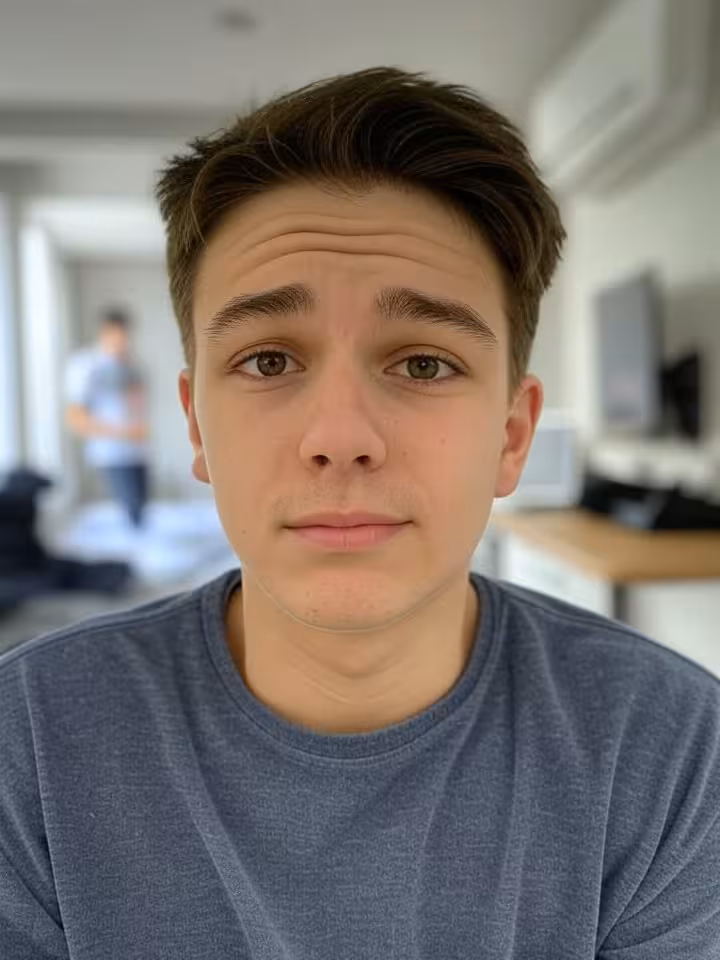 Young person having awkward video call on dating app in small shared apartment bedroom, roommate vis