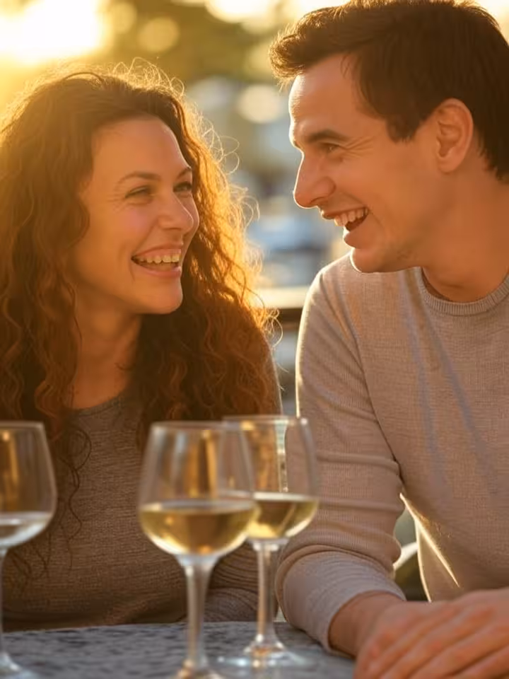 Two people laughing naturally at outdoor terrace cafe, wine glasses on table, golden hour lighting, 