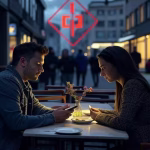 Banderas rojas en las primeras citas: señales de alerta que no puedes ignorar red flag warning symbol overlaid on couple sitting at outdoor restaurant table, one person checking
