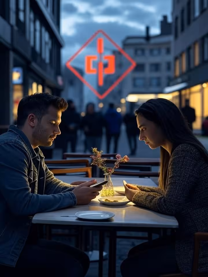 red flag warning symbol overlaid on couple sitting at outdoor restaurant table, one person checking