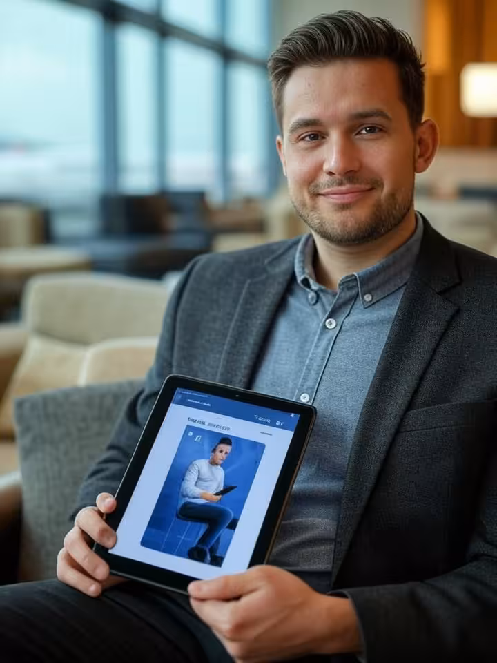 Young executive man in casual business attire using The League dating app on tablet at upscale airpo