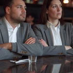 Cómo terminar una cita con elegancia: estrategias probadas para salir sin drama ni culpa Two people at restaurant table with obvious uncomfortable body language, crossed arms, looking away,