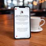 Close-up of smartphone displaying dating app bio being written with creative specific details, coffe