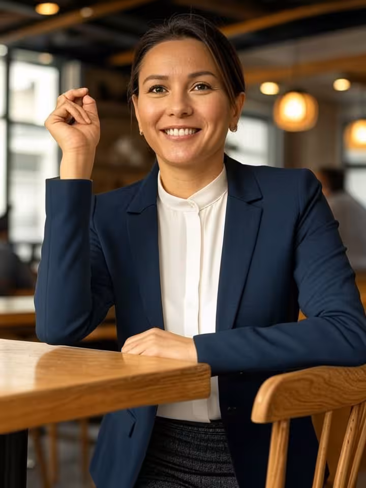 Mulher profissional se levanta graciosamente da mesa de uma cafeteria, com um gesto educado de despedida e postura confiante
